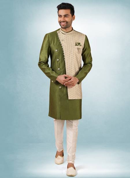 Green Colour Excluisve Wear Art Silk Digital Print Kurta Pajama With Jacket Mens Collection 1440
